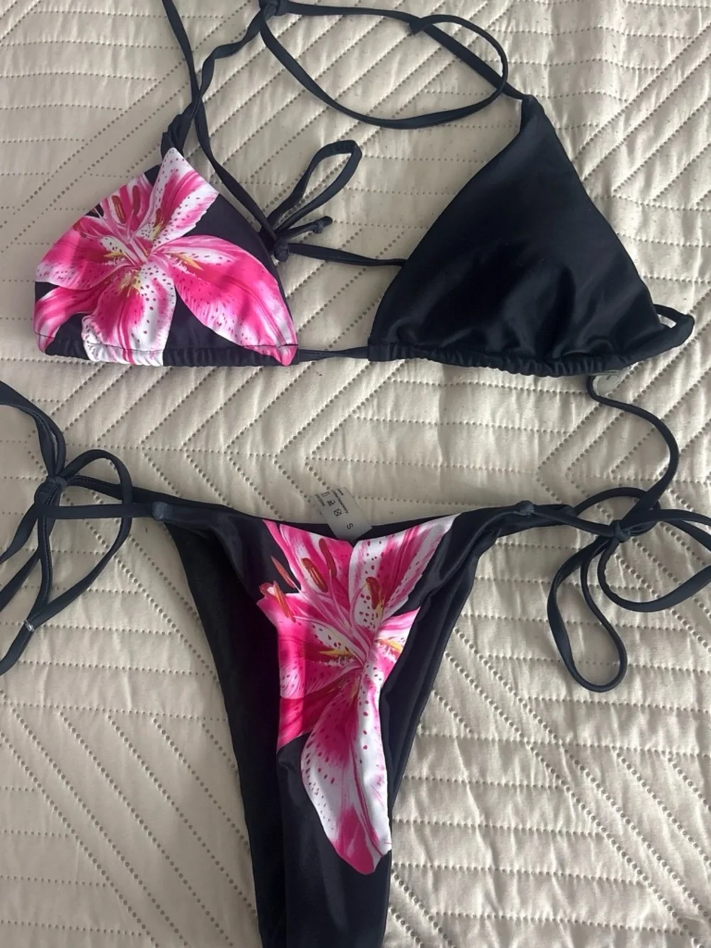 Black Bikini Top with Pink Floral Accent
